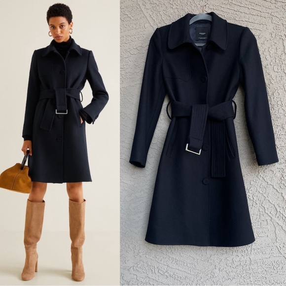 MANGO Navy Blue Belted Wool Trench Coat Dark Navy Flap Overcoat XXS— Fits XS too